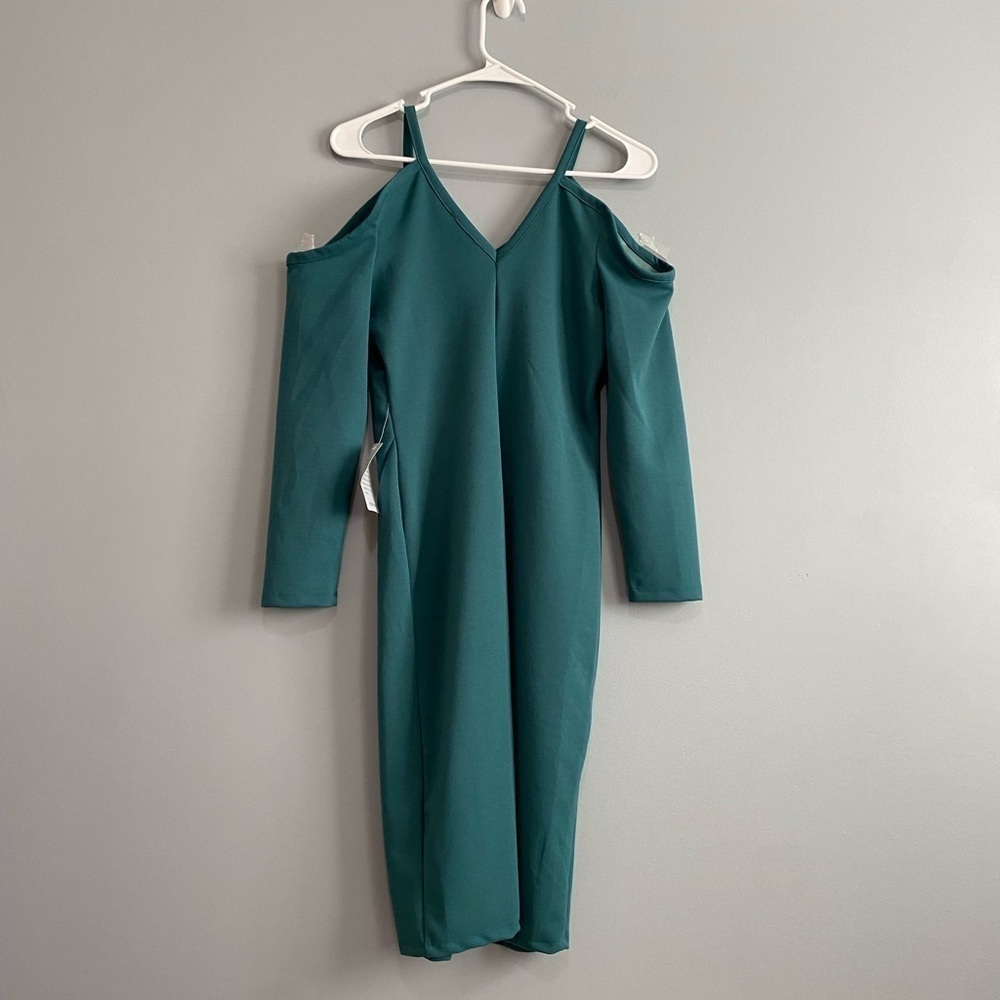 Max+Ash Cold Shoulder Long sleeves Sheath Dress with Slit In Emerald Green Sz M - Picture 6 of 8